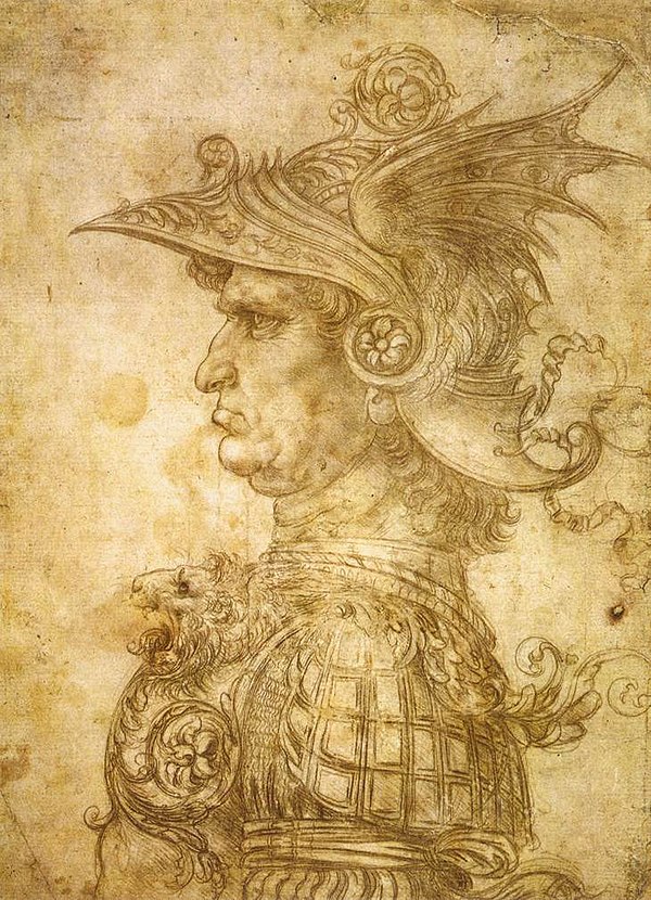 Leonardo da Vinci's Profilo di capitano antico, also known as il Condottiero, 1480. Condottiero meant "leader of mercenaries" in Italy during the Late