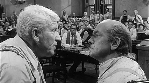 Henry Drummond (Tracy, left) and Matthew Harrison Brady (March, right) in Inherit the Wind. Previously, March had taken the role in The Desperate Hours originally offered to Tracy. Both men had also played Dr. Jekyll/Mr. Hyde.