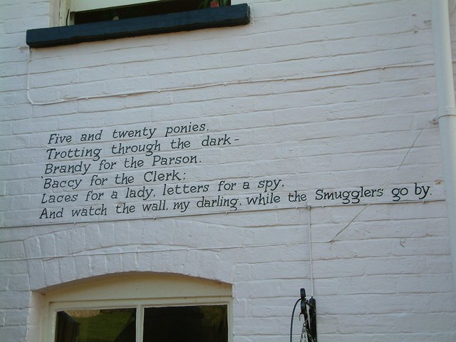 Quotation from A Smuggler's Song on an inn in Dorset, with "Smugglers" replacing "Gentlemen".