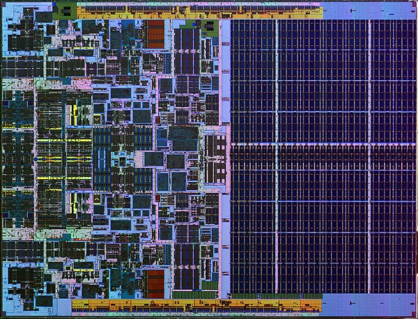 Inside a central processing unit: The integrated circuit of Intel's Xeon 3060, first manufactured in 2006