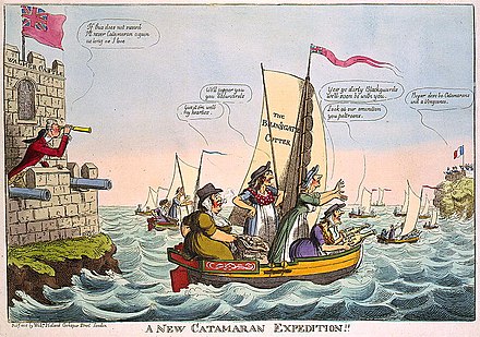 A satirical cartoon of 1805, depicting William Pitt the Younger directing operations against the French from Walmer Castle (left)