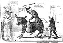 The modern balaam and his ass, an 1837 caricature placing the blame for the Panic of 1837 and the perilous state of the banking system on outgoing President Andrew Jackson, shown riding a donkey, while President Martin Van Buren comments approvingly Jackson and Van Buren, 1837.jpg