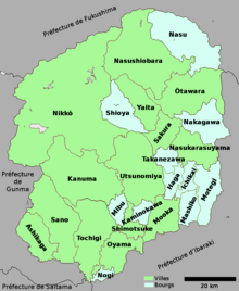 Kleurenkaart van de prefectuur Tochigi, steden zijn in het groen, steden in blauw en aangrenzende prefecturen in grijs.