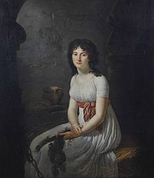 Citizeness Tallien in a cell in La Force Prison, by Jean-Louis Laneuville, 1796. Her hair has been cut short and she is holding her locks in her hands. Jean-Louis Laneuville - Citizen Tallien in a cell in La Force Prison.jpg