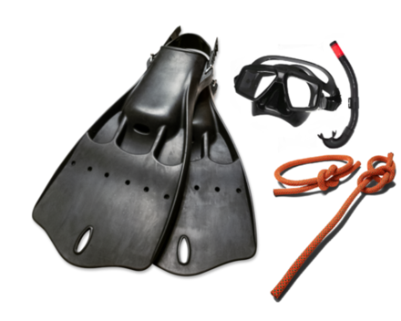 Amphibious equipment - Jet fins, low-volume mask and snorkel