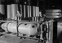 110 US-gallon (416 liter) paper drop tanks, destined for USAAF and RAF use, being manufactured at a British factory (1944) Jettison Petrol Tanks- the Production of Jettison Tanks For USE by the United States Army Air Force and Royal Air Force, Britain, 1944 D23460.jpg