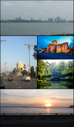 Clockwise from top:Johor Bahru city centre, Sultan Ibrahim Building, City Rainforest, Straits of Johor view from top of the Johor–Singapore Causeway and city street.