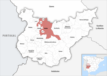 Die Lage des Gerichtsbezirk Mérida in der Provinz Badajoz