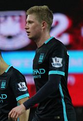 De Bruyne playing for Manchester City in January 2016 Kevin De Bruyne (24640482031) (cropped).jpg