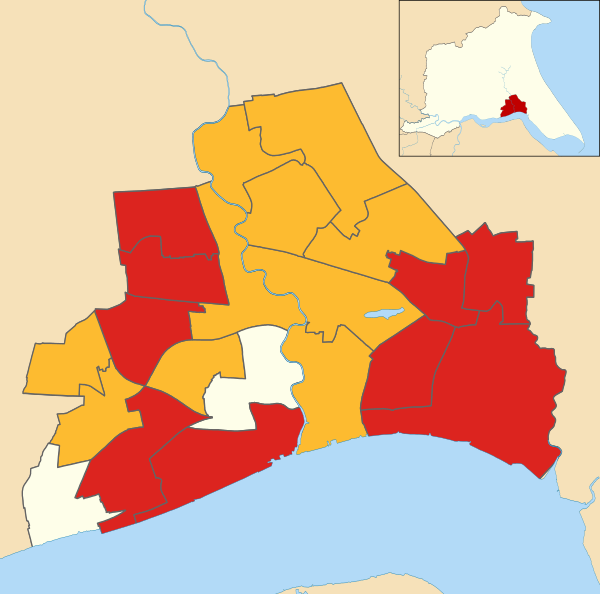 Map of the results of the 2021 Hull council election. Labour in red, Liberal Democrats in yellow, Uncontested in cream.