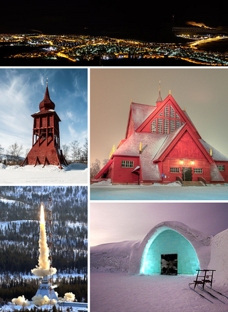 No sentido horário, de cima: horizonte de Kiruna de noite, Igreja de Kiruna, Hotel de Gelo em Jukkasjärvi, lançamento do foguete em Esrange, torre sineira na Igreja de Kiruna.