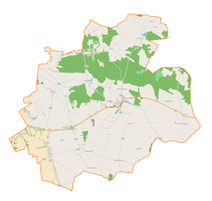 Mapa konturowa gminy Kodrąb, blisko centrum na lewo znajduje się punkt z opisem „Czekaj”