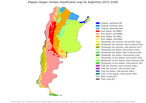 Current/past Köppen climate classification map for Argentina for 1980–2016