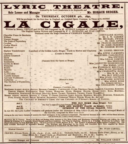 Programme for English premiere, 1890