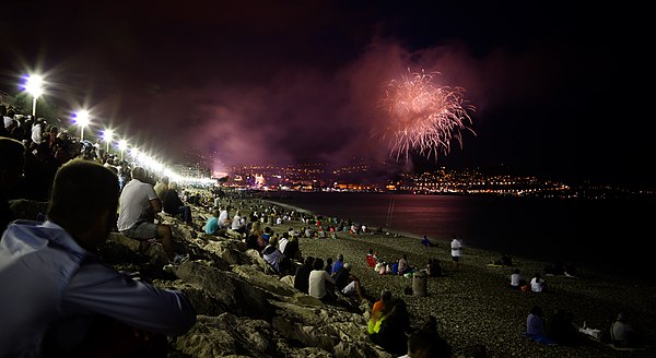 Bastille Day celebrations on beach below Promenade des Anglais, 2014