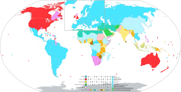 Legal systems of the world.[1] Civil law-based systems are in turquoise.