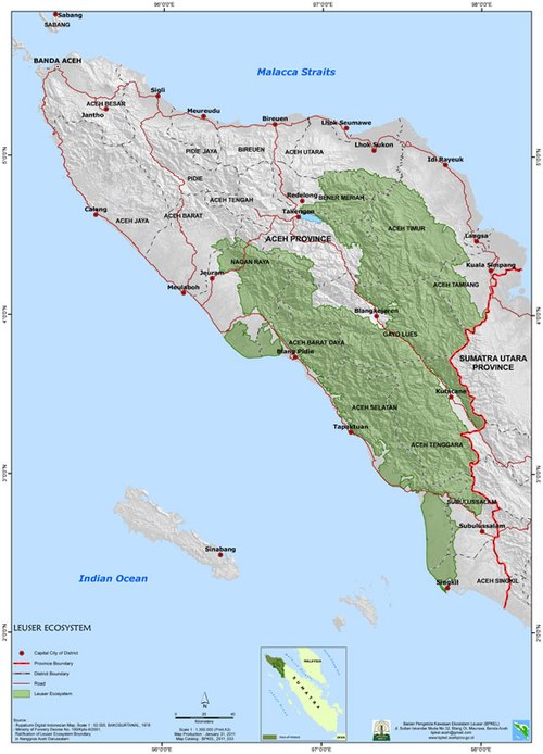 Gunung Leuser Ecosystem -bigger than the NP, located in 2 provinces, Aceh (represented here) and North Sumatra (not represented).