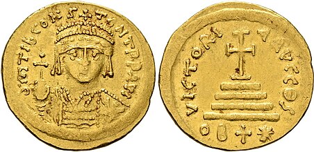 Light-weight solidus of 22 siliquae minted by emperor Tiberius Constantine at Antioch in Syria, c. 580. The light-weight solidi were minted from c. 550-650 and were primarily used for foreign trade with Europe.