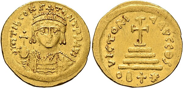 Light-weight solidus of 22 siliquae minted by emperor Tiberius Constantine at Antioch in Syria, c. 580. The light-weight solidi were minted from c. 55