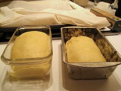 Challah dough proofing in glass and metal bread pans Loaf pans.JPG