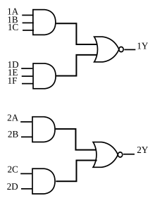 Schematic of 74LS51 IC consists of a 3-3 AOI gate and 2-2 AOI gate. AOI means AND-OR-Invert (AND-NOR). Most AOI chips are currently obsolete. Logique74ls51.svg