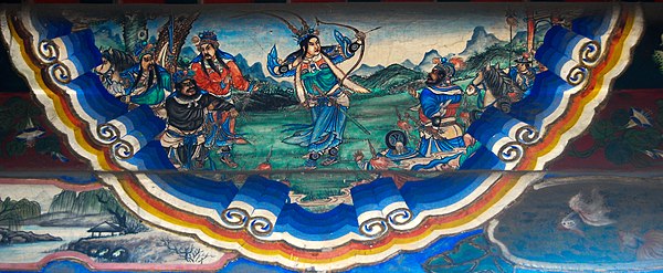 An illustration of Lü Bu shooting at a ji (轅門射戟) in the Long Corridor of the Summer Palace, Beijing.