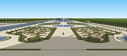 Restitution 3D des jardins disparus du château de Monchy-Humières. État vers 1680.