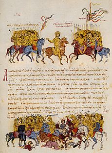 Skylitzova kronika - madridský kódex, vojská Tomáša Slovana a cisárske vojská,