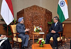 Yudhoyono with the Indian Prime Minister Manmohan Singh, on the sidelines of the 9th ASEAN-India Summit and the 6th East Asia Summit, in Bali, Indonesia. Manmohan Singh with the President of Republic of Indonesia, Dr. H. Susilo Bambang Yudhoyono, at the bilateral meeting, on the sidelines of the 9th ASEAN-India Summit and the 6th East Asia Summit, in Bali, Indonesia (1).jpg