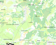 Mapa elementar mostrando os limites do município, municípios vizinhos, zonas de vegetação e estradas