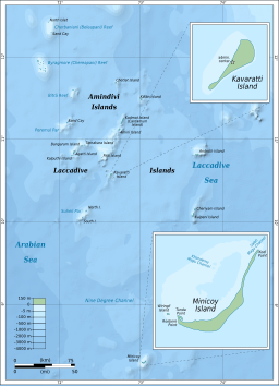 Karta över Lakshadweep med Byramgore Reef i nordväst