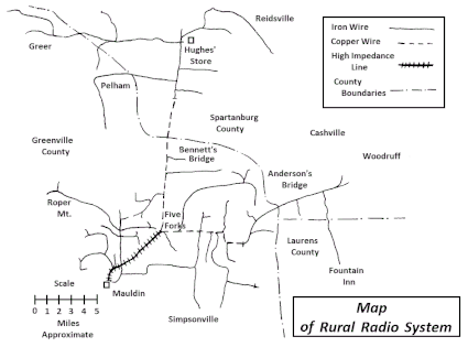 Wire layout of Gordon Rogers' "grapevine radio" installation as of 1936. The transmissions originated from his home near Mauldin, South Carolina. Map of Mauldin, South Carolina grapevine radio system (1936).gif