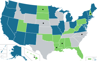 Legality of medical and non-medical cannabis in the United States. Areas under tribal sovereignty not shown. Map-of-US-state-cannabis-laws.svg