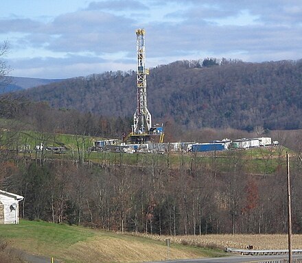 A shale gas well being drilled by a drilling rig in Pennsylvania