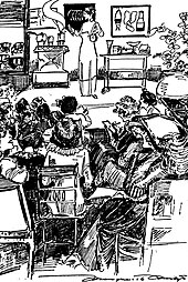 Ana Barrows teaches a cooking class for adults in 1913 St. Louis, Missouri, in this sketch by Marguerite Martyn. Marguerite Martyn sketch of adult education cooking class in 1913.jpg