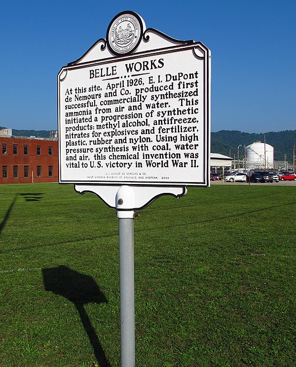 A marker outside DuPont's Belle Plant in Dupont City, West Virginia, where ammonia was first synthesized for commercial use.