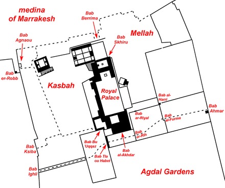 Location of gates around the Kasbah and the Royal Palace of Marrakesh Marrakesh kasbah plan (gates).png