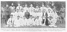 Portrait of 25 of the Meerut Prisoners taken outside the jail. Back row (left to right): K. N. Sehgal, S. S. Josh, H. L. Hutchinson, Shaukat Usmani, B. F. Bradley, A. Prasad, P. Spratt, G. Adhikari. Middle Row: Radharaman Mitra, Gopen Chakravarti, Kishori Lal Ghosh, L. R. Kadam, D. R. Thengdi, Goura Shanker, S. Bannerjee, K.N. Joglekar, P. C. Joshi, Muzaffar Ahmed. Front Row: M. G. Desai, D. Goswami, R.S. Nimbkar, S.S. Mirajkar, S.A. Dange, S.V. Ghate, Gopal Basak. Meerut prisoners outside the jail.jpg