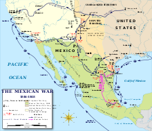 Kaart van het zuidwesten van de Verenigde Staten, inclusief Texas, en ook het weergeven van Mexico, met de bewegingen van de strijdkrachten in de oorlog erop gemarkeerd