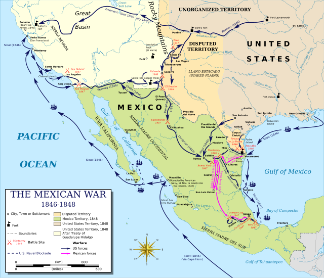 Map of the southwestern United States, including Texas, and also displaying Mexico, with the movements of the forces in the war marked on it