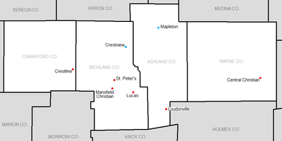 The membership of the Mid-Buckeye Conference beginning with the 2018-19 school year. Full members are in red, affiliates for Girls Soccer are in blue. MidBuckeyeConf.PNG