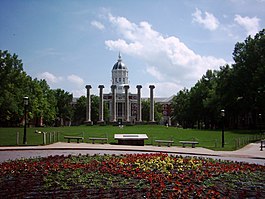 Francis Quadrangle, featuring the Columns and Jesse Hall, prior to the movement of construction equipment into this area for the Reynolds Journalism Institute.