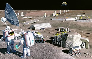 NASA concept art of an envisioned lunar mining facility Lunar base concept drawing s99 04195.jpg