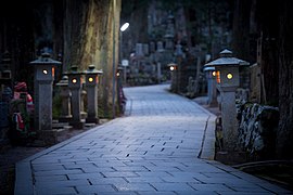 Okuno-in illuminé par des lanternes.