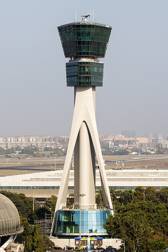 The air traffic control tower of Mumbai International Airport in India.