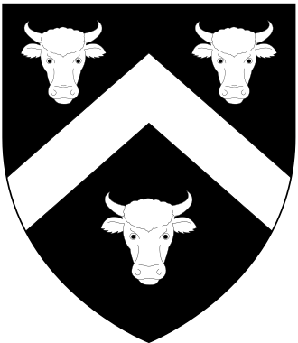 Arms of Norbury: Sable, a chevron between three bull's heads cabossed argent NorburyArms.svg