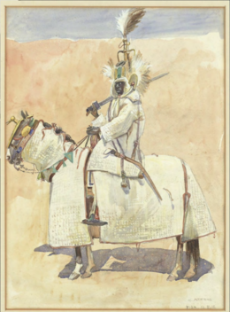 A Nupe cavalryman wearing lifidi (padded armour). Drawn in 1911 by Carl Arriens. Nupe Cavalry wearing lifidi.png