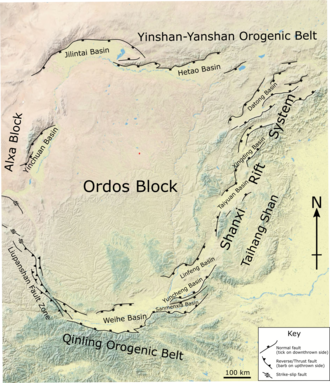 Map of the Ordos Block showing the active fault systems that form its boundaries Ordos Block.png