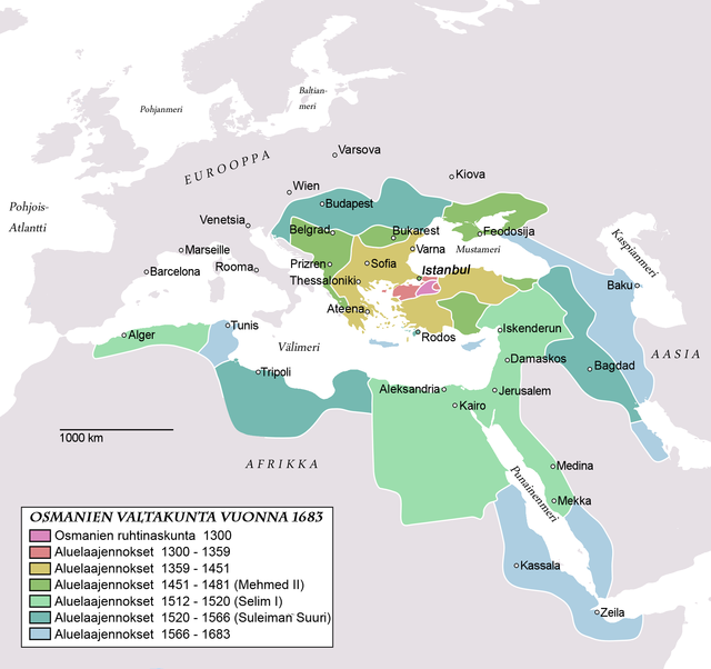 Osmanien valtakunta eri ajanjaksoina: laajimmillaan vuonna 1683.