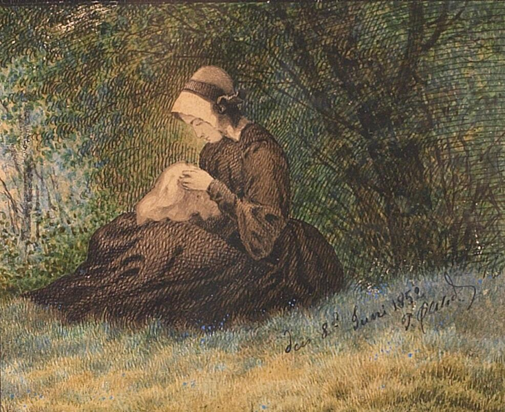 File:Peter Ølsted - Skovparti med siddende syende kvinde - 1852.png